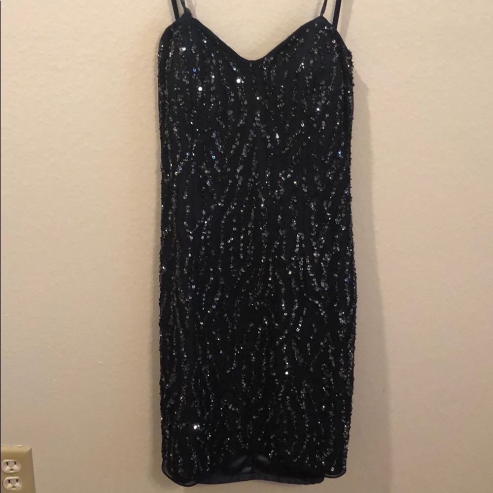 Navy strapless sequined dress